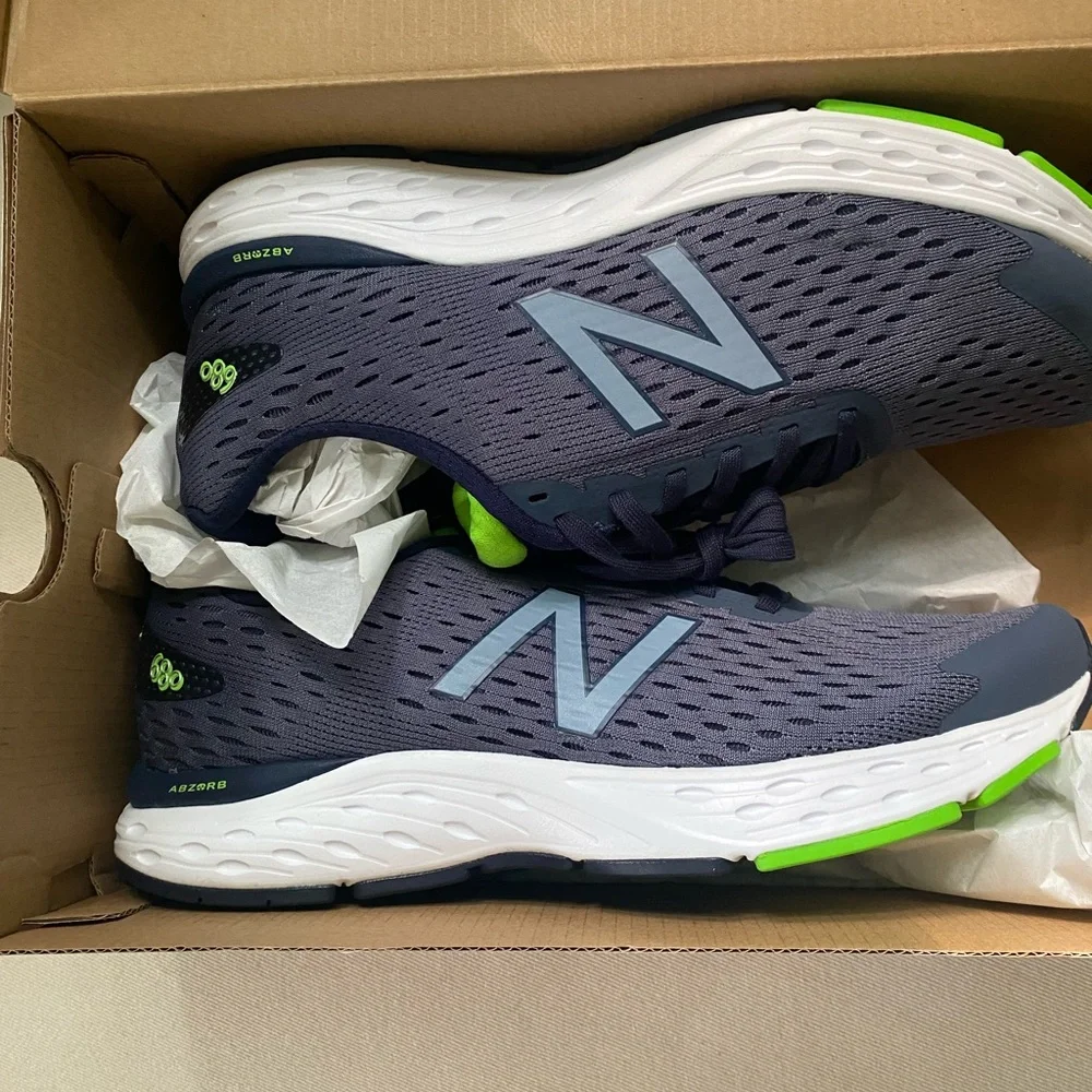 Men’s New Balance 680 v6 running shoes in Gray, Navy, and Lime Green 10.5 4E XW